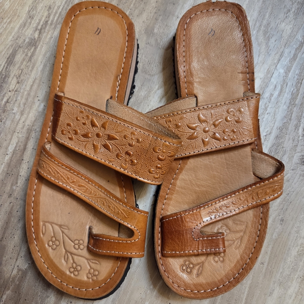 Women's Tan Floral Leather Slide Sandals